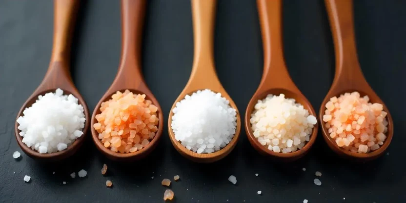 Five spoons displaying different types of salt on a dark background, showcasing variations in color and texture.