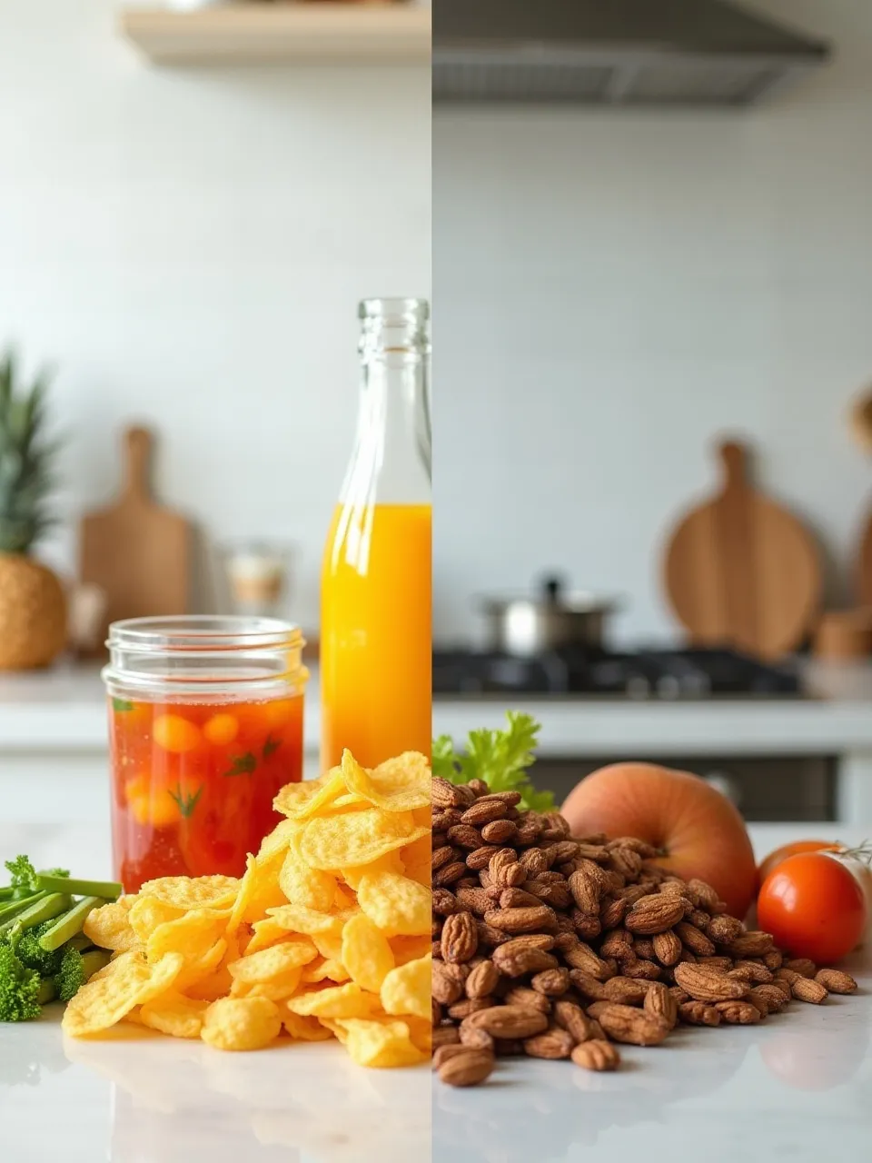 Side-by-side comparison of ultra-processed foods and whole foods including fresh fruits, vegetables, nuts, and grains on a kitchen counter.