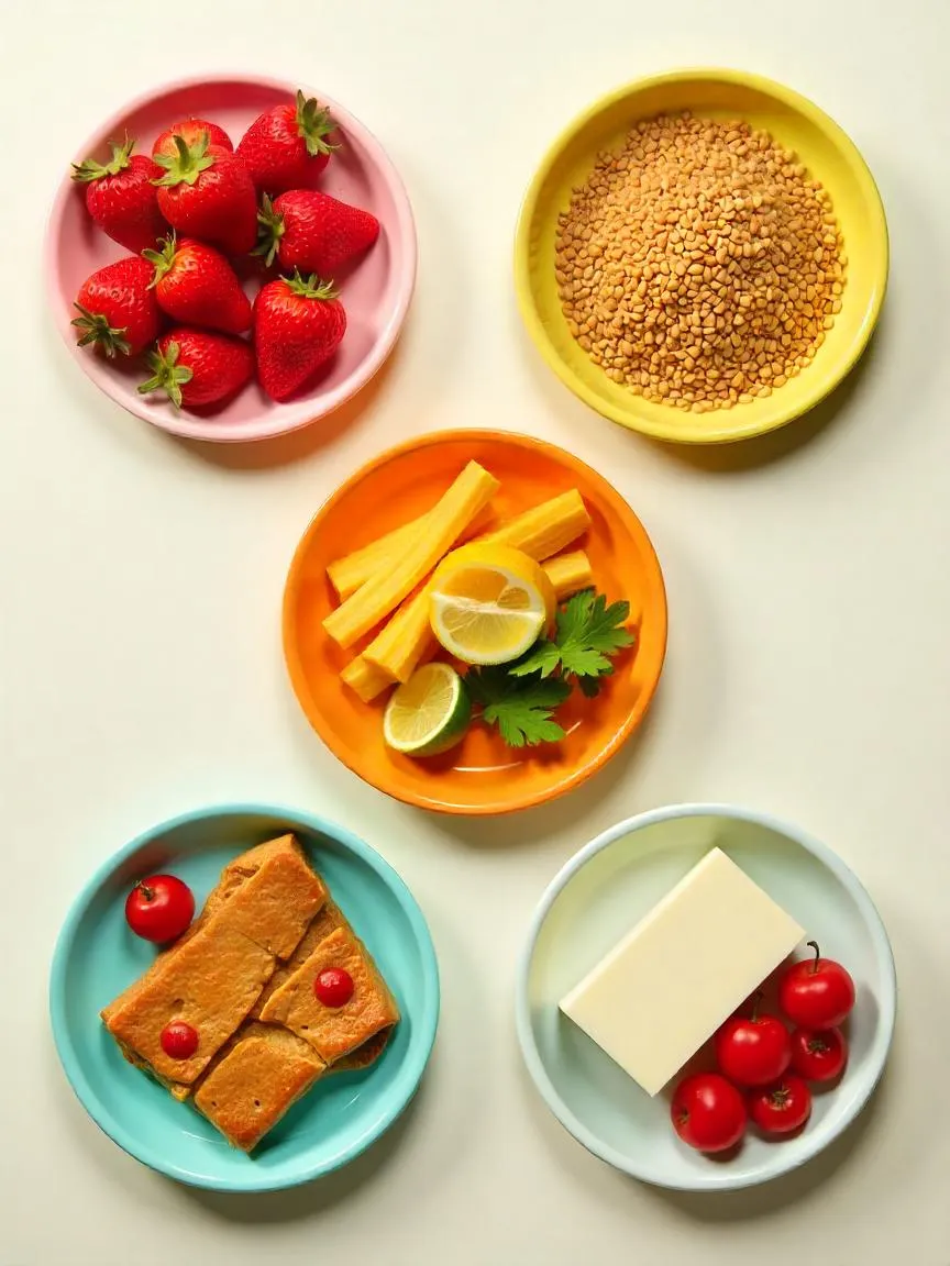 Five food group sections with fruits, vegetables, grains, proteins, and dairy, displayed clearly on a table as a guide for balanced meals. 
