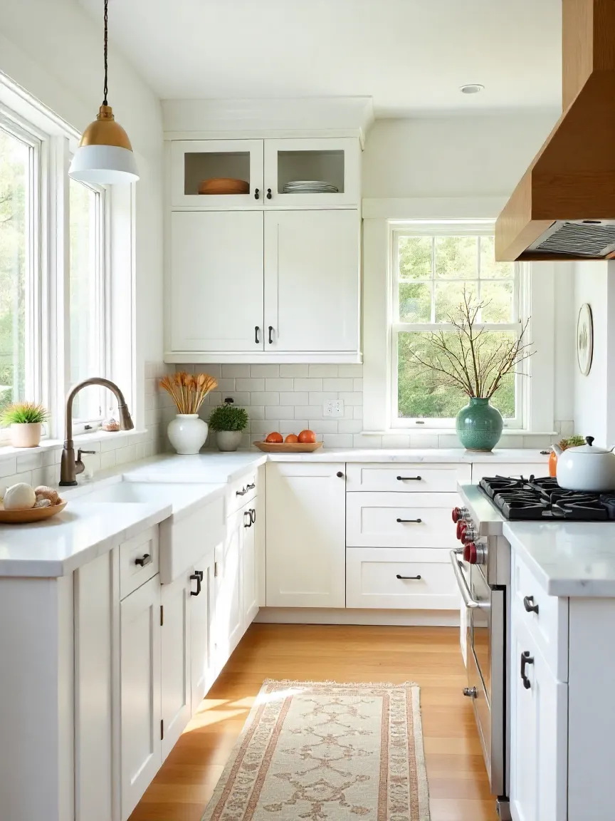 Bright, modern kitchen with white cabinets, marble counters, subway tile backsplash, and wooden accents for a warm, welcoming design.