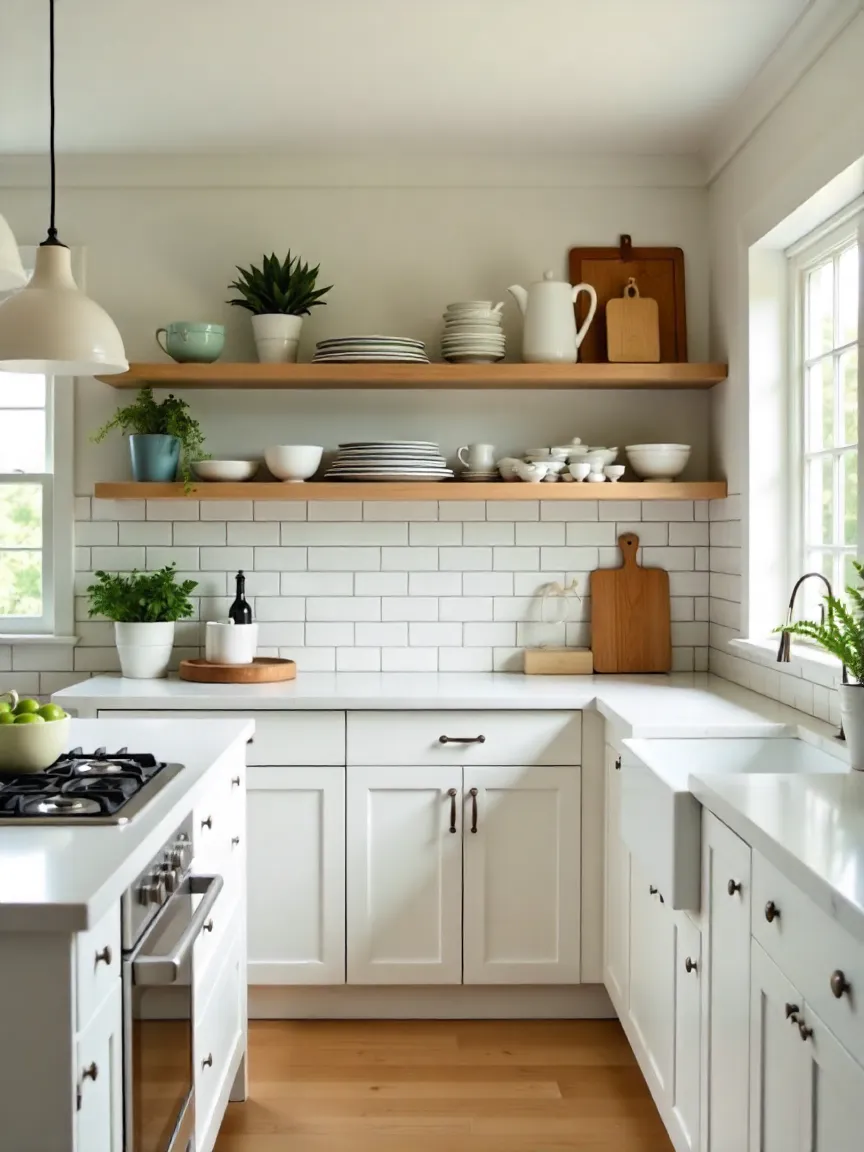 Modern farmhouse kitchen with open shelving, subway tile backsplash, marble countertops, and decorative accents for a functional and stylish design.