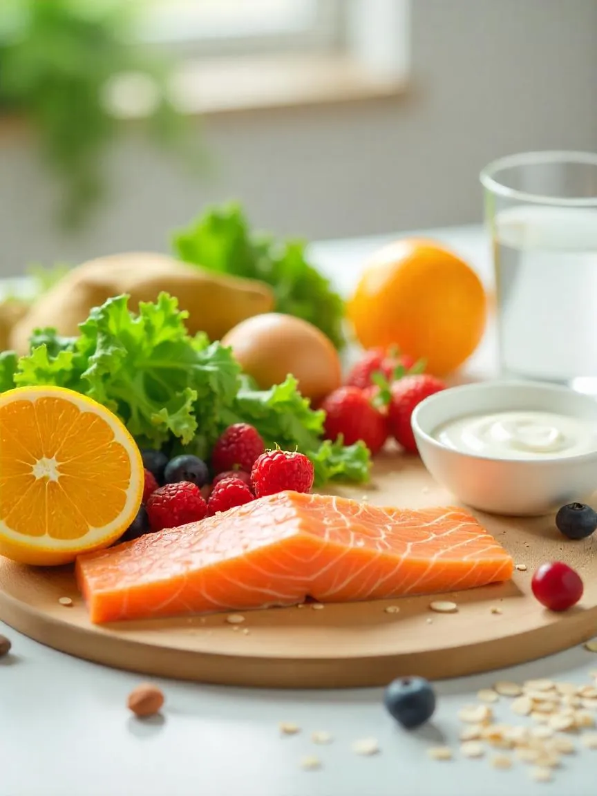 An assortment of colorful whole foods rich in vitamins and minerals, including leafy greens, citrus fruits, dairy, fish, nuts, and whole grains, displayed on a clean surface. 