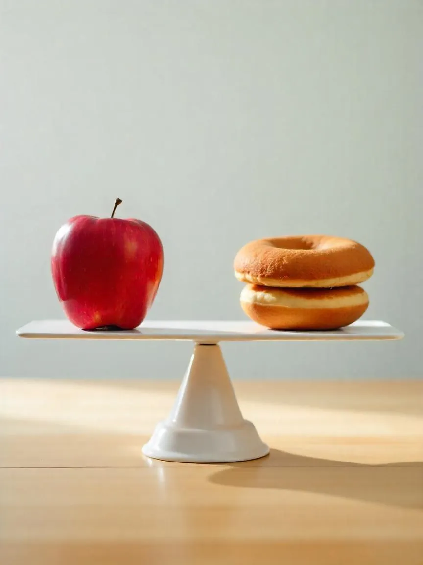 A balanced scale symbolically representing the health risks of being underweight and overweight using different-sized food items.