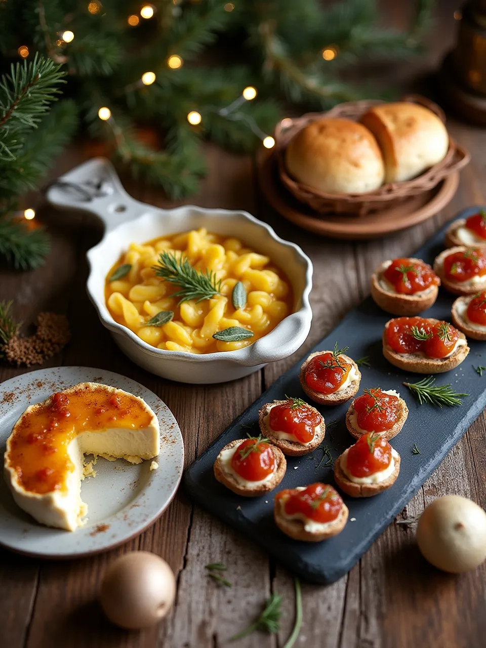 Unique Christmas dishes including spaetzle with brown butter, baked brie with apricot preserves, fig and goat cheese crostini, and stuffed mushrooms.
