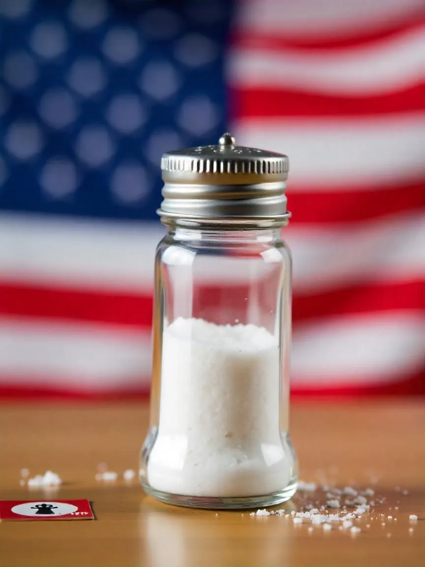 Conceptual image of U.S. efforts to regulate salt intake, with American flag and salt shaker under restriction. 
