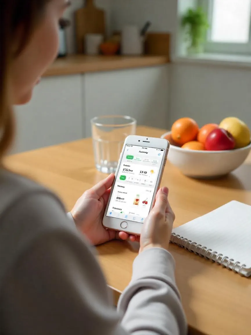 Person using a health and nutrition app on their phone with healthy food nearby.