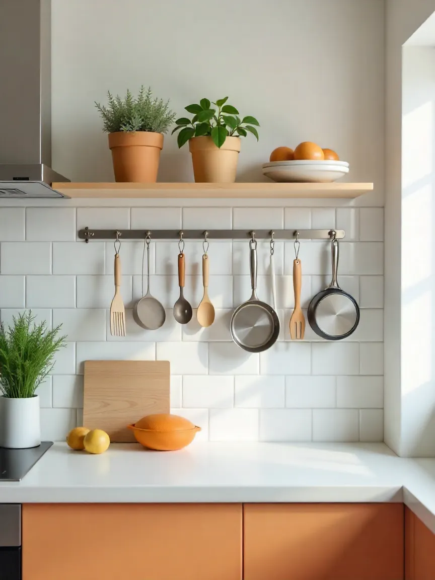 Kitchen wall with hooks for pots, utensil rails, and a magnetic knife strip for vertical storage solutions.
