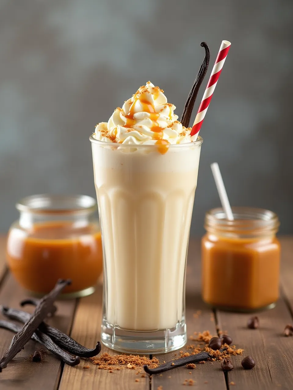 Vanilla milkshake in a tall glass topped with whipped cream and caramel drizzle, garnished with vanilla bean.