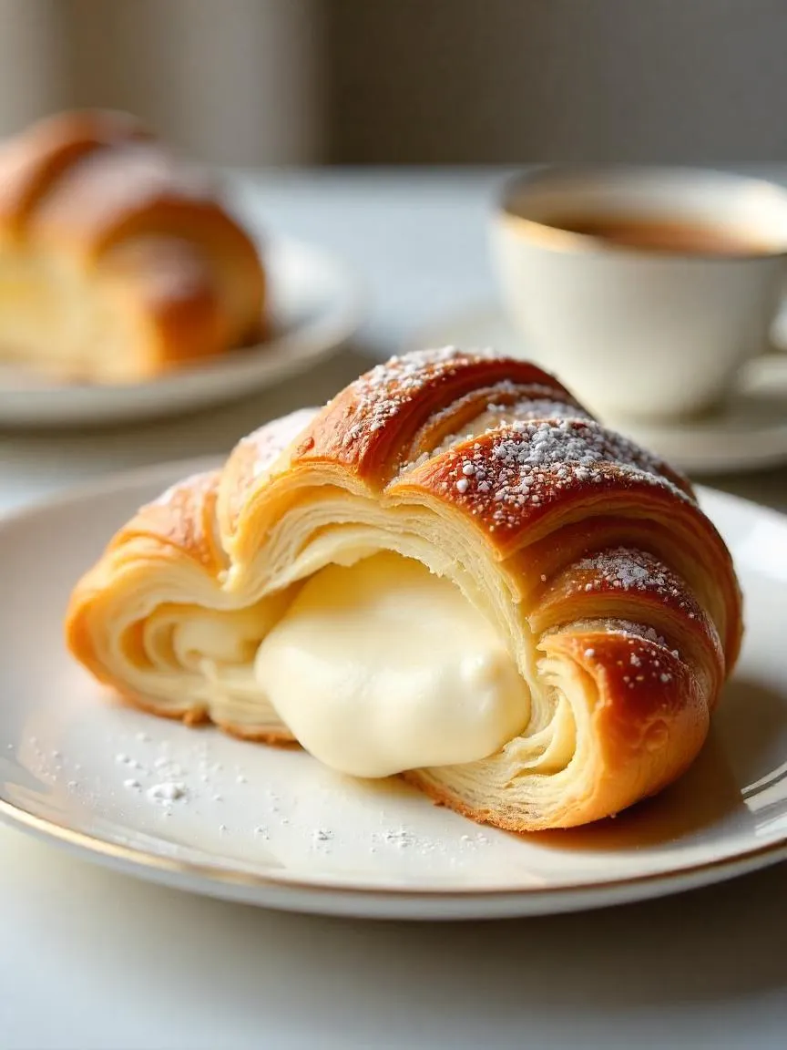 A vanilla cream–filled croissant dusted with powdered sugar, served with tea or espresso in a refined, light-filled café setting.