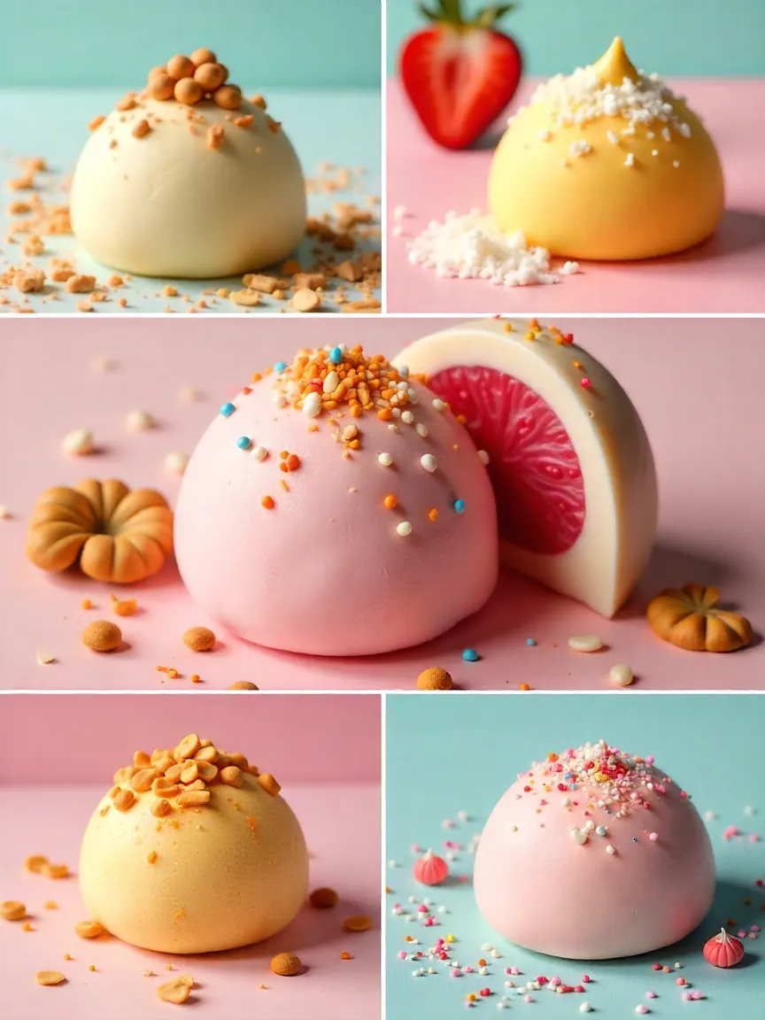 Assortment of mochi ice cream flavors and creative toppings in a colorful collage.