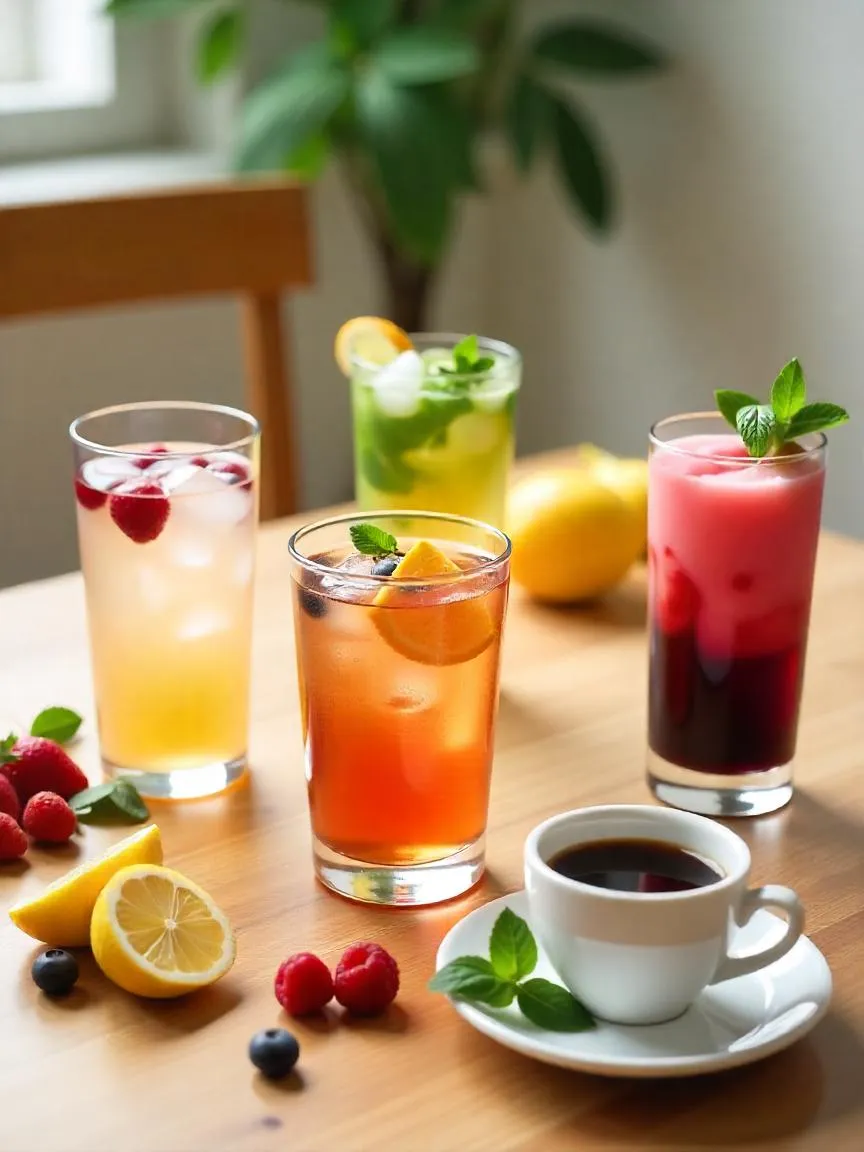 A diverse selection of drinks including mocktails, tea, wine, water, and smoothies arranged on a kitchen table with fresh fruit and herbs. 