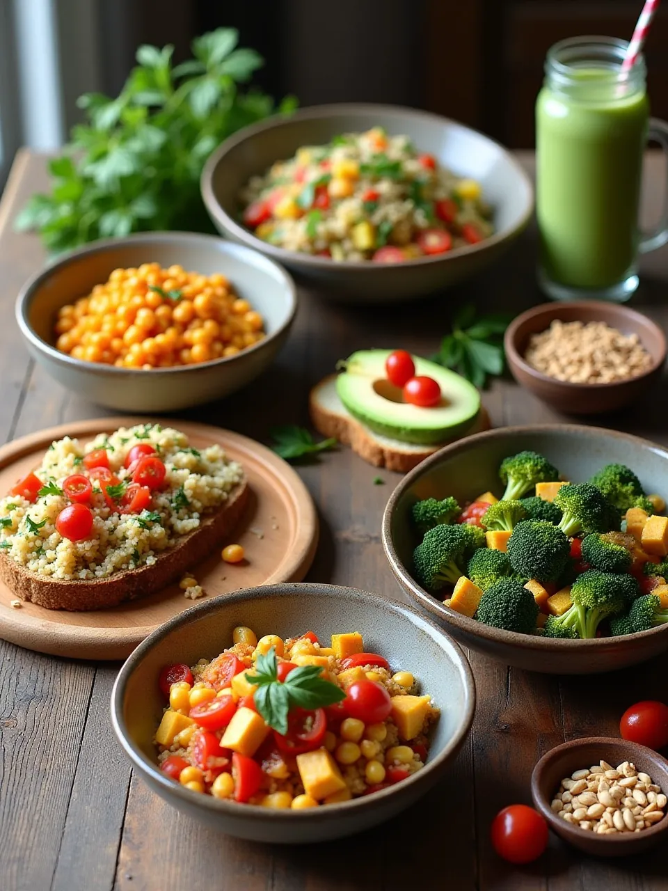 Vegetarian and vegan dishes including quinoa salad, chickpea curry, avocado toast, tofu stir-fry, and green smoothie.