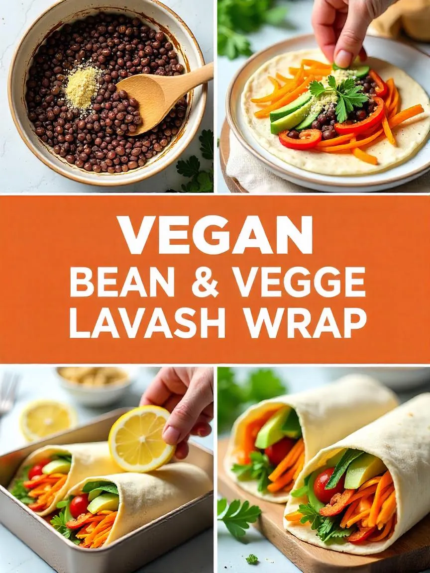Colorful vegan lavash wrap collage featuring mashed black beans, avocado, carrots, bell pepper, and cucumber, rolled into a healthy, plant-based lunch option.