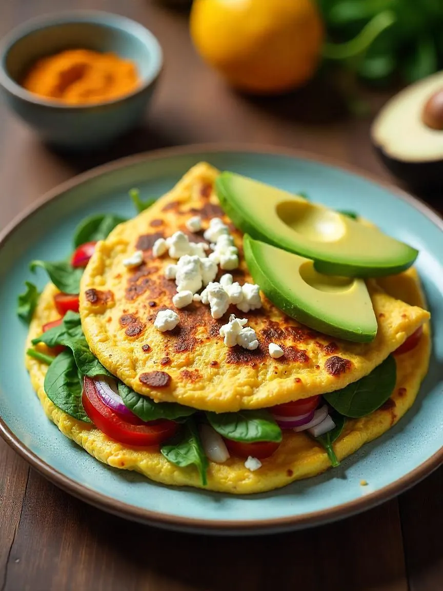Colorful veggie omelet with spinach, mushrooms, tomatoes, avocado, and feta on a rustic table, accompanied by turmeric and black pepper for health benefits.