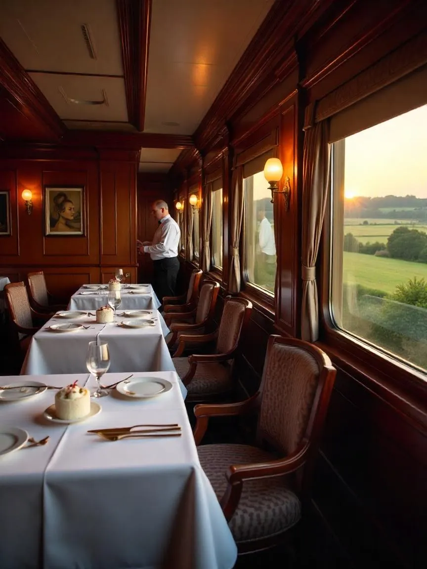 Elegant Venice Simplon-Orient-Express dining car with vintage decor, gourmet food, and views of the European countryside.