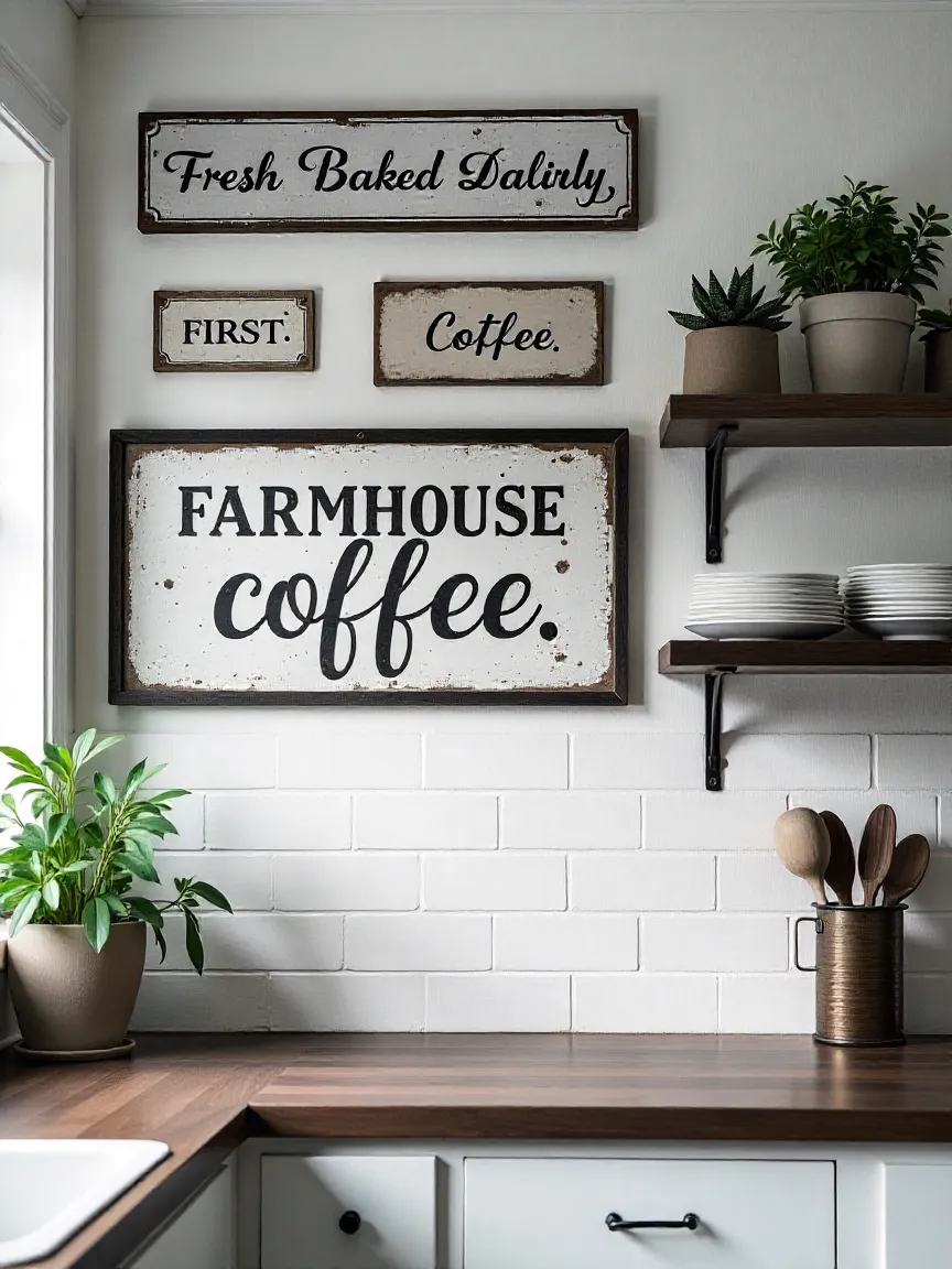 Farmhouse kitchen wall with vintage kitchen signs and rustic open shelving, styled with dishes and greenery for a nostalgic, cozy vibe.