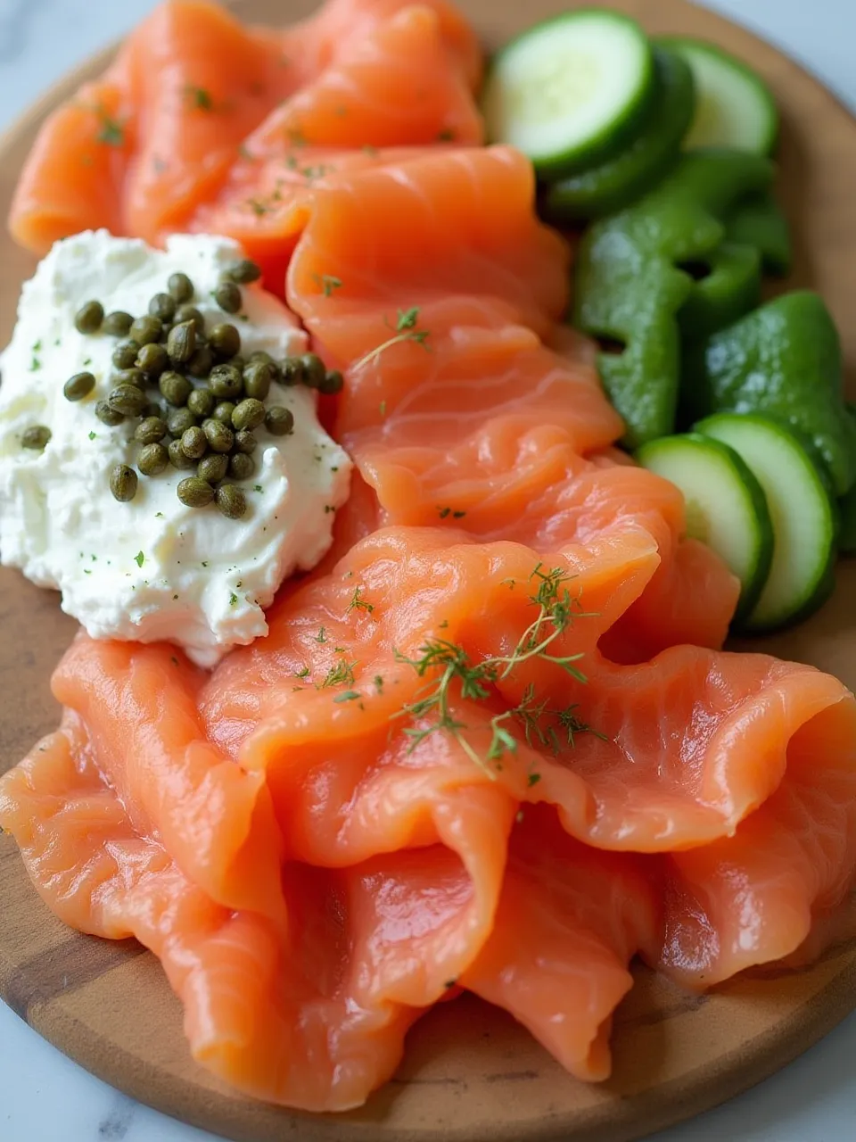 Visually appealing smoked salmon board with colorful and well-organized ingredients, showcasing contrast and texture.