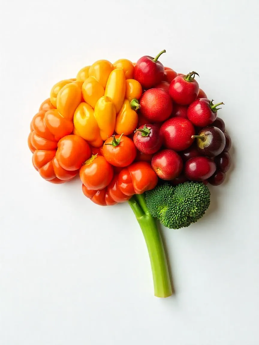 Brain shape made of fruits, vegetables, and vitamin capsules. 