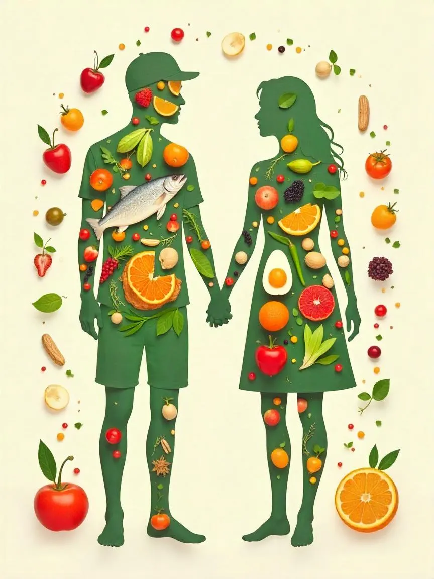 Silhouettes of a man and woman surrounded by foods rich in vitamins and minerals: fish, milk, leafy greens, nuts, eggs, and berries. 