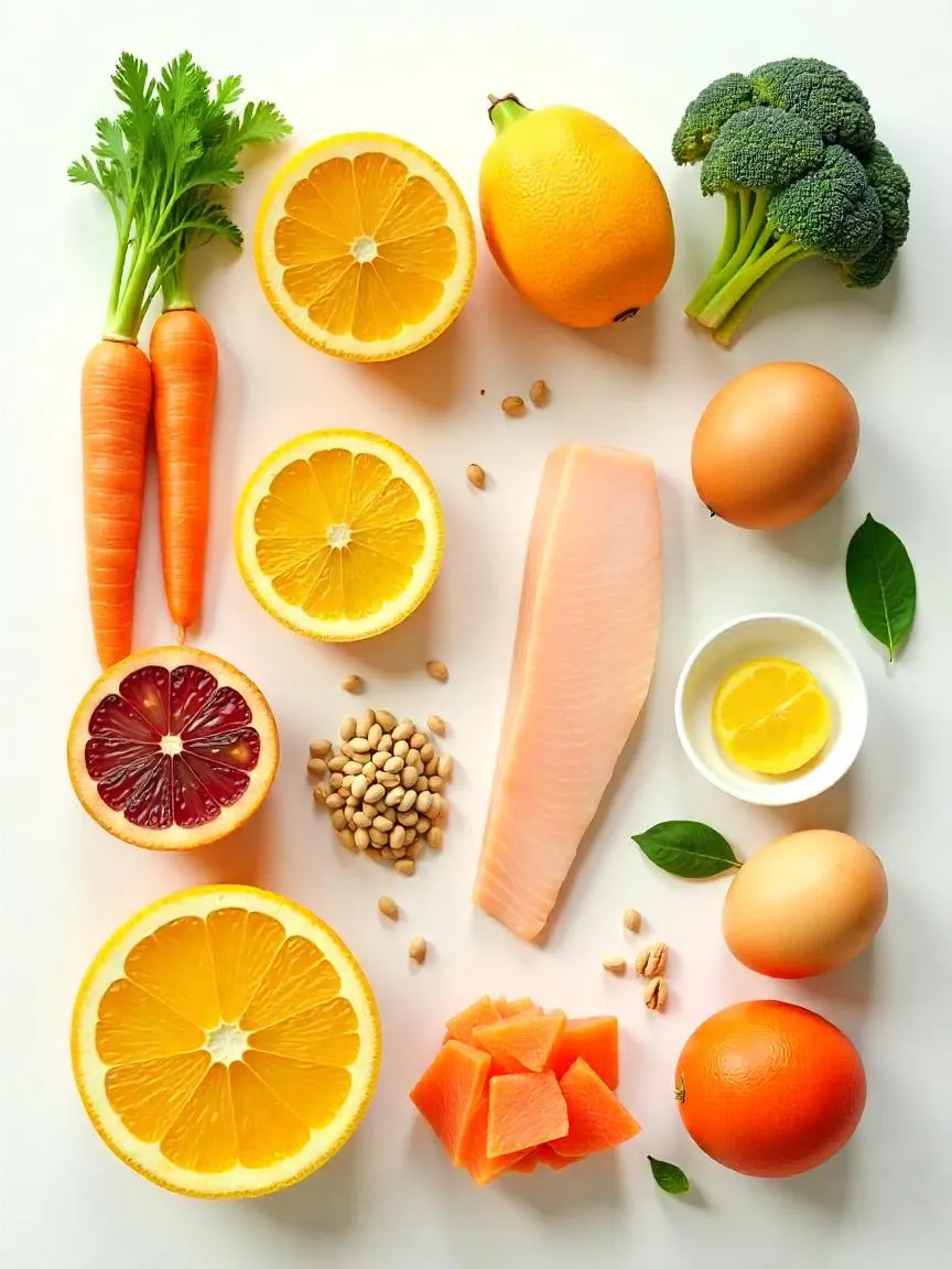 Whole foods rich in vitamins, including carrots, oranges, leafy greens, salmon, eggs, and grains, arranged neatly on a white background. 
