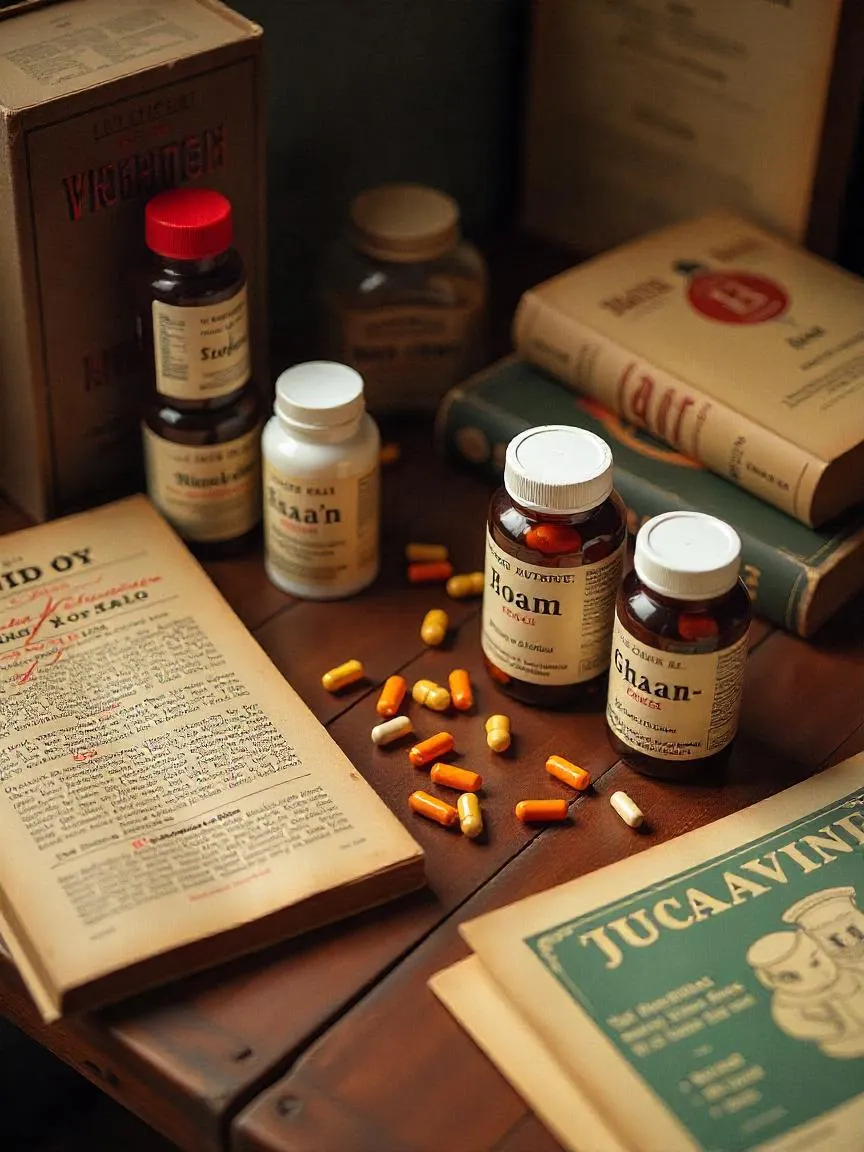 Vintage-style layout of vitamin bottles and nutrition materials. 