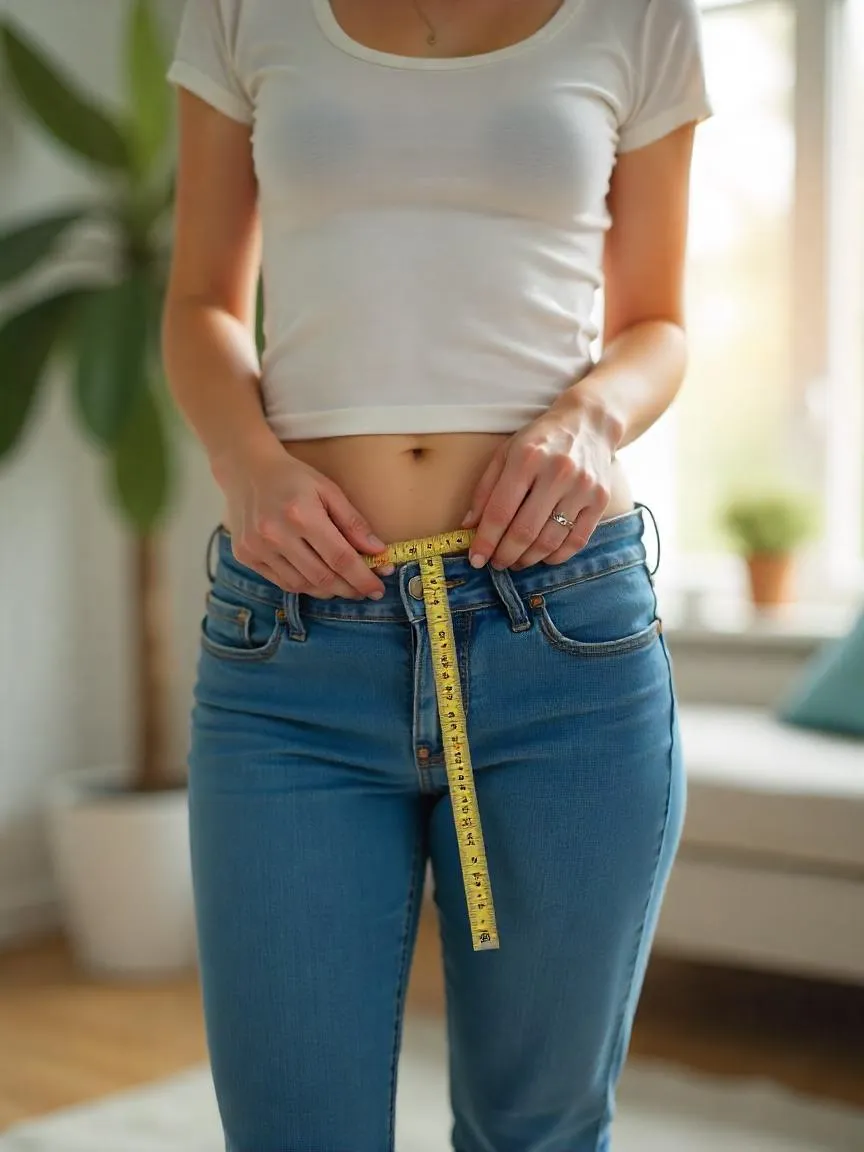 Person measuring waist and hips over clothing to assess waist-to-hip ratio in a health check setting.