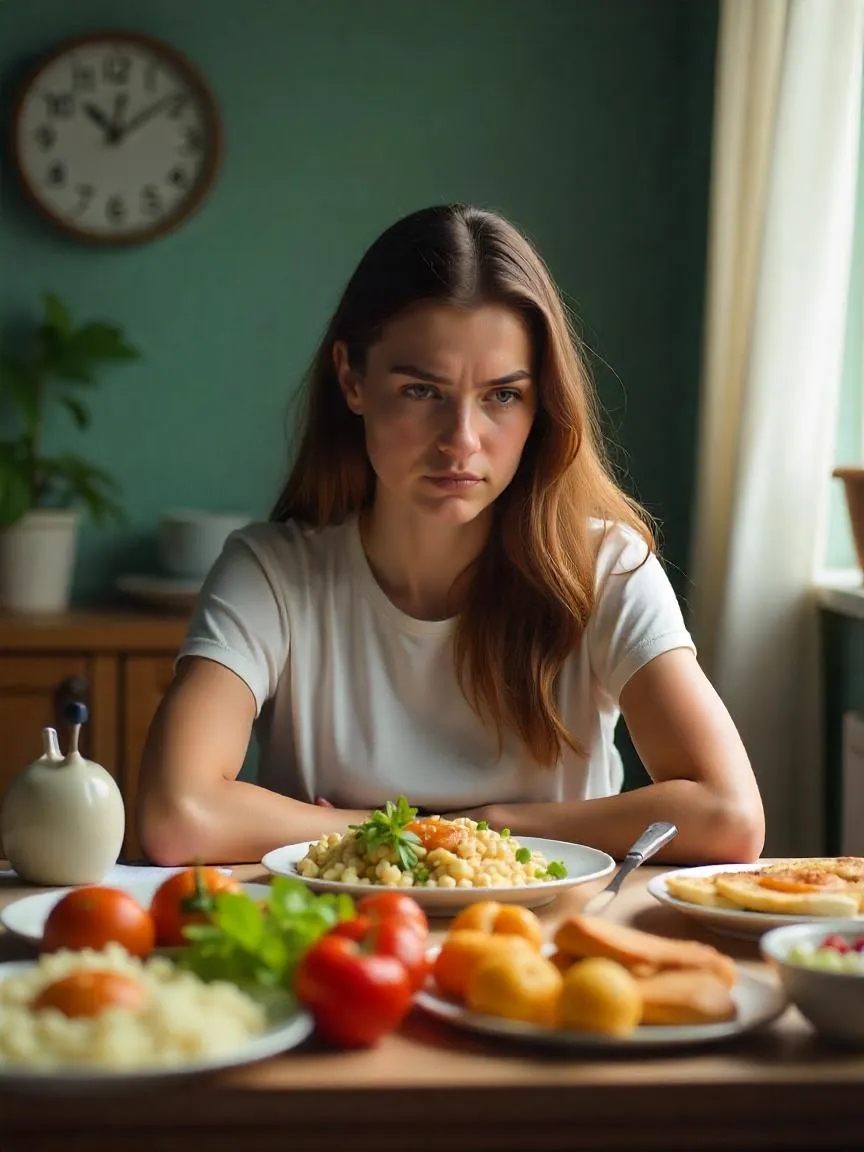 Person sitting in front of healthy food with a tense expression, highlighting how rigid food rules and anxiety can turn healthy eating into a harmful behavior.