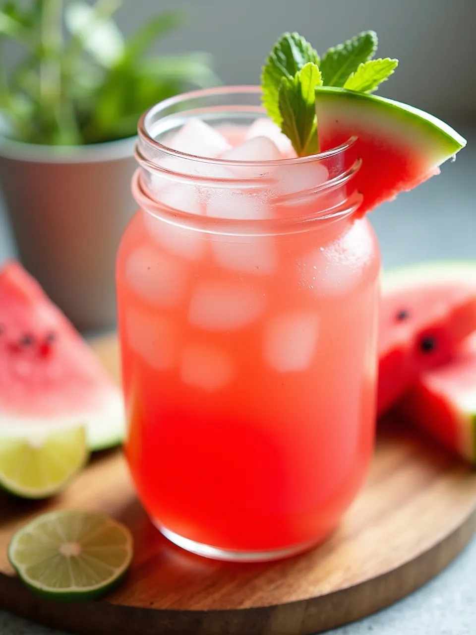 Watermelon agua fresca in a tall glass with ice, garnished with a watermelon wedge and mint sprig.