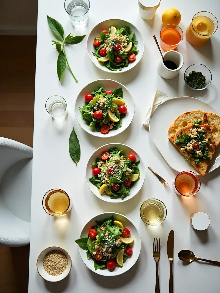 Seven different meals with paired drinks arranged on a kitchen table, surrounded by fresh ingredients in a clean, cozy setting. 