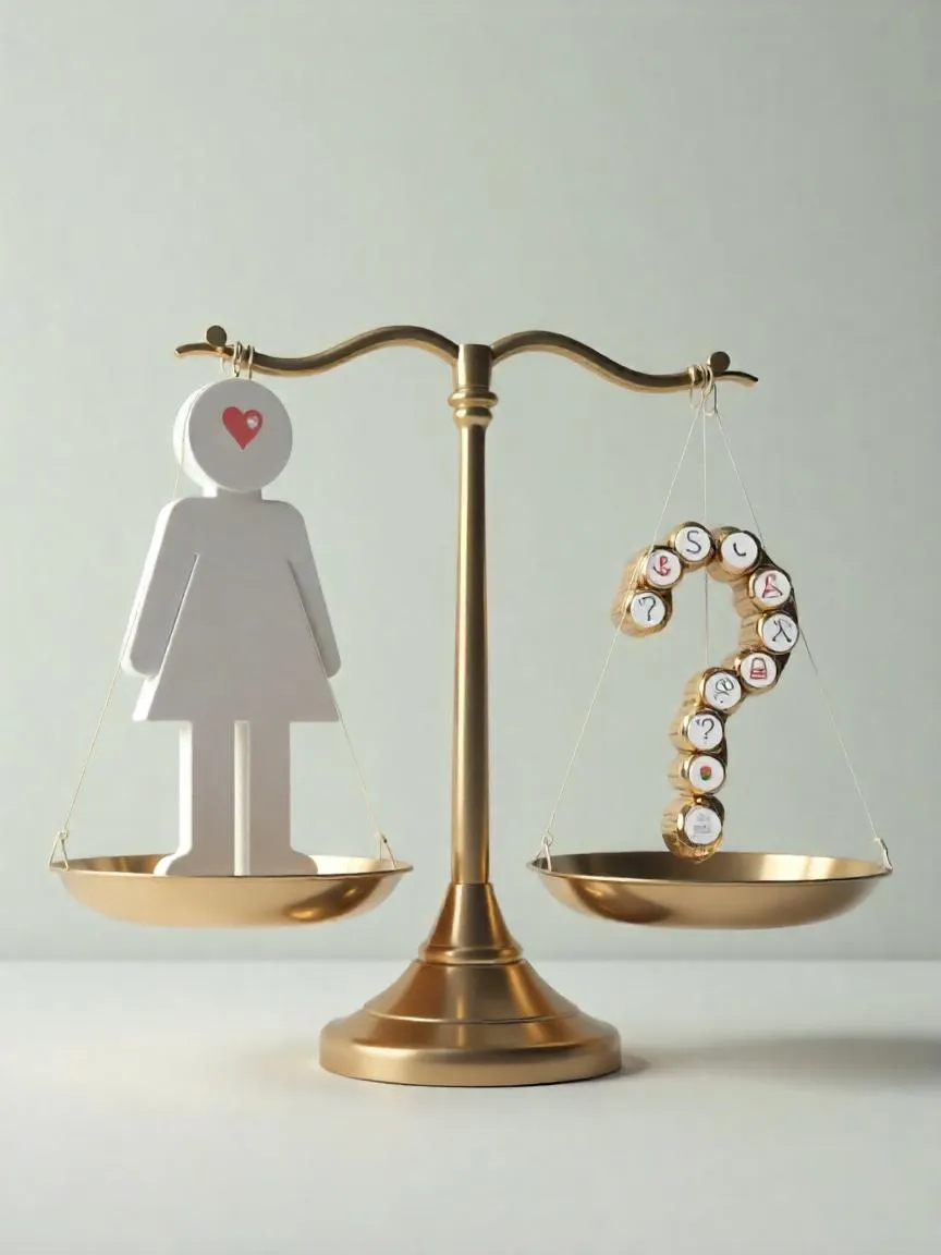 A scale balancing a human figure with health icons against a question mark made of weight scales, symbolizing the complex link between weight and mortality.