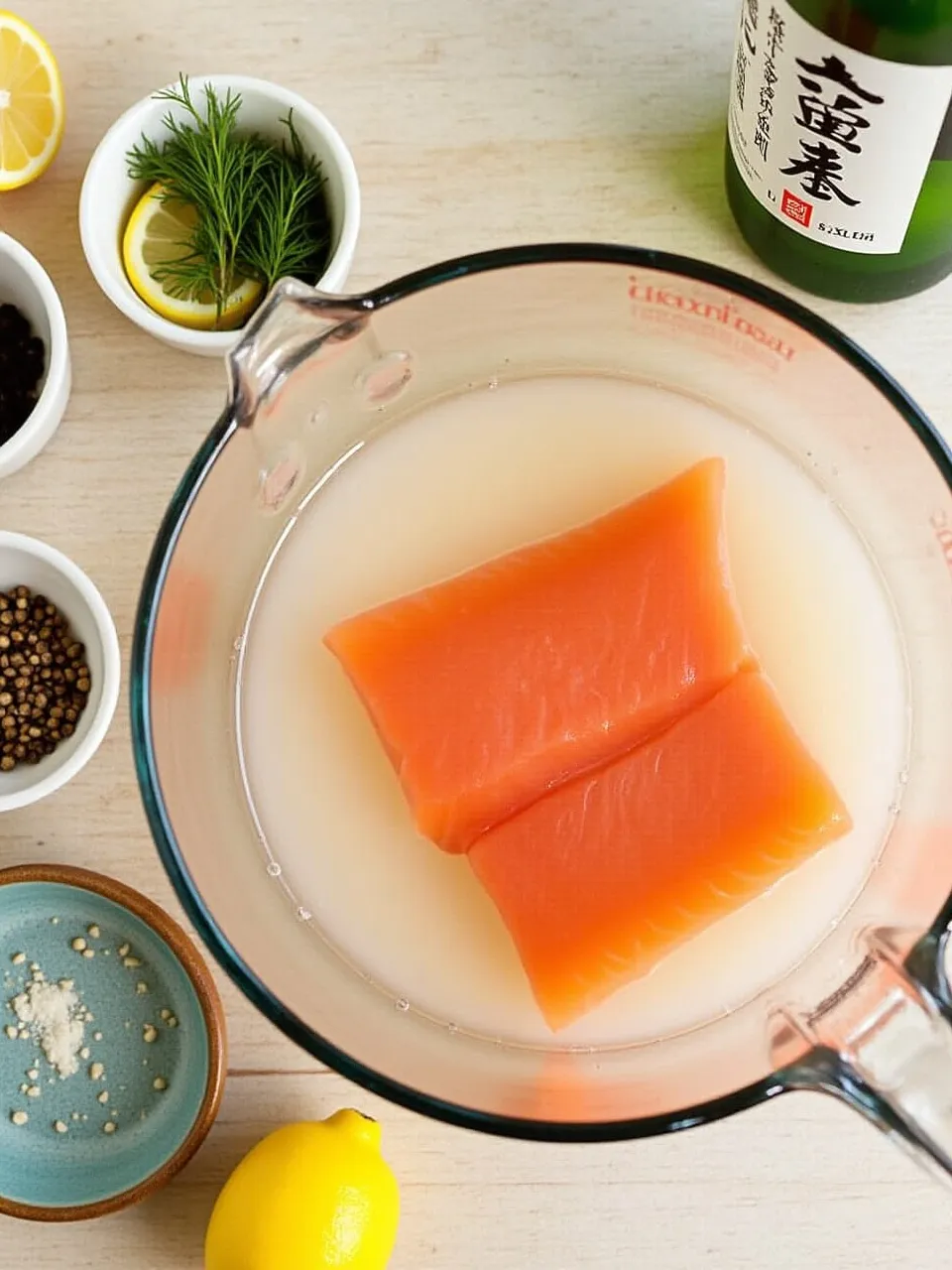 Salmon fillet submerged in wet brine with bowls of spices, lemon, dill, and sake arranged nearby on a kitchen surface.