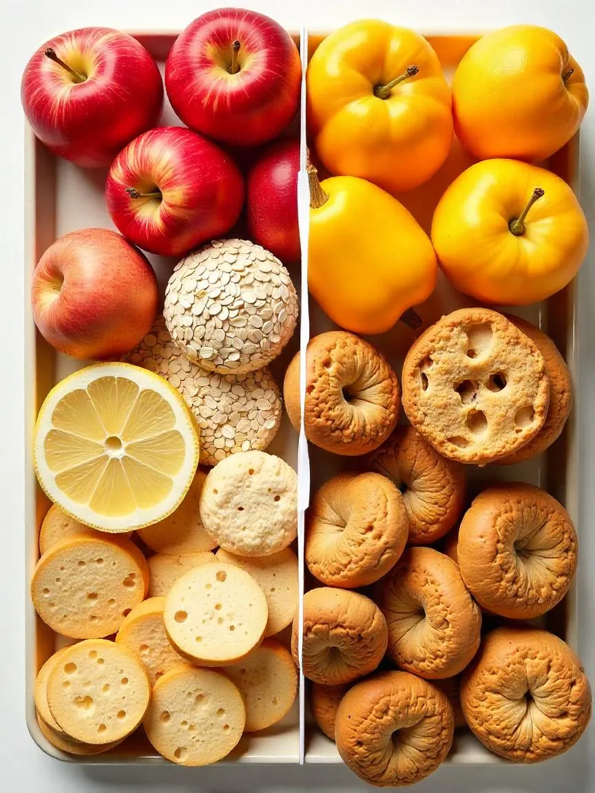 Assortment of healthy and less healthy carbohydrate foods like fruits, grains, and processed snacks displayed side by side. 