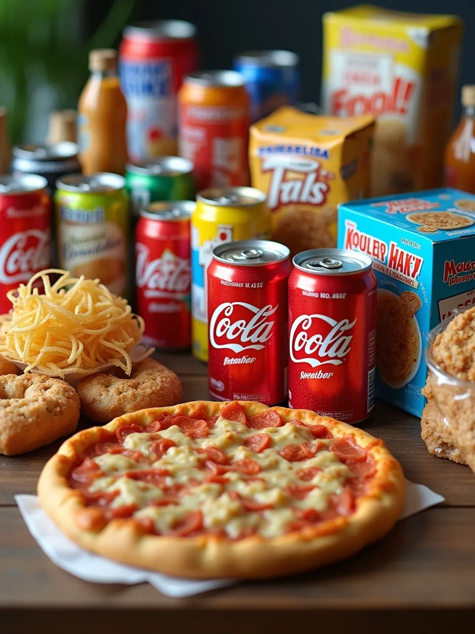 Assortment of ultra-processed foods like chips, soda, sugary cereals, frozen pizza, and packaged snacks on a wooden table.