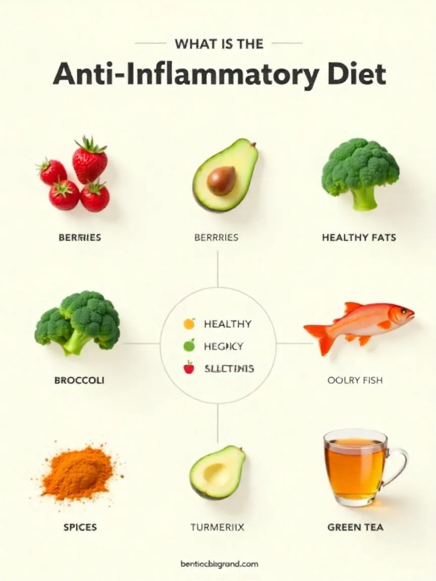 Infographic-style image showing groups of anti-inflammatory foods including berries, leafy greens, salmon, avocado, nuts, turmeric, and green tea.
