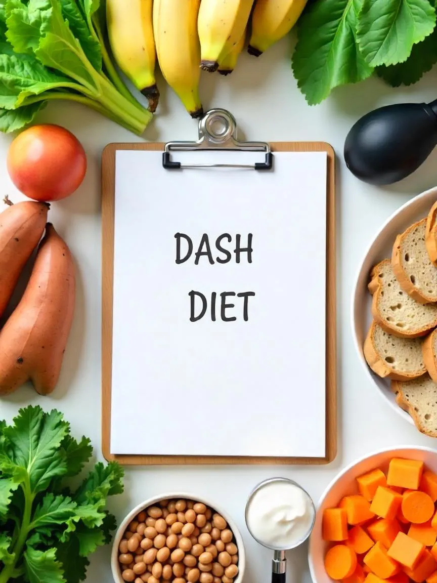 DASH diet foods arranged around a notepad with a stethoscope, including vegetables, fruits, dairy, whole grains, and lean proteins.