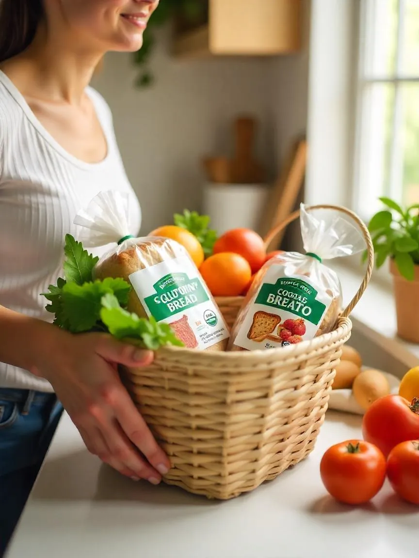 Person holding a basket of gluten-free foods with fresh produce, showing a shift away from gluten-containing items in a modern kitchen setting.