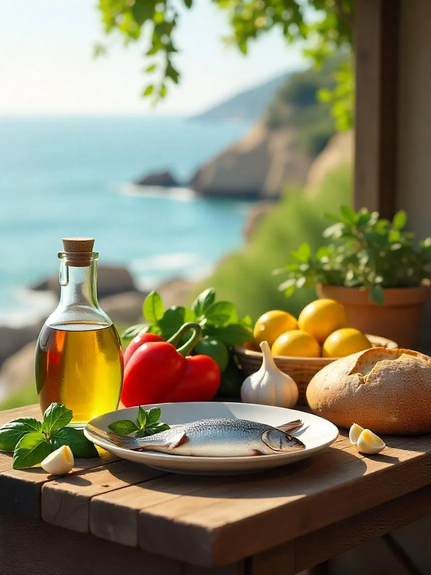 Traditional Mediterranean ingredients like olive oil, fish, vegetables, and herbs in a rustic seaside kitchen setting.