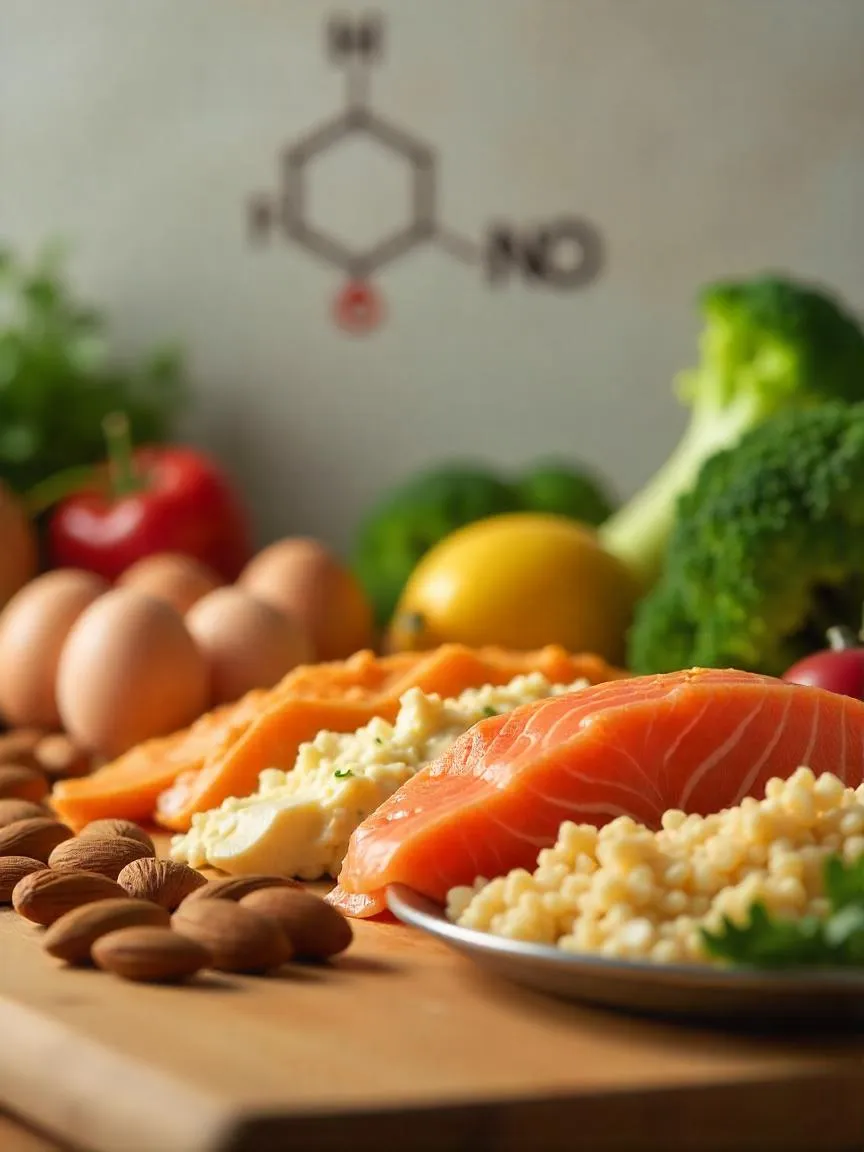 Selection of protein-rich foods including eggs, salmon, chicken, beans, almonds, tofu, quinoa, and broccoli, with a blurred amino acid model in the background.