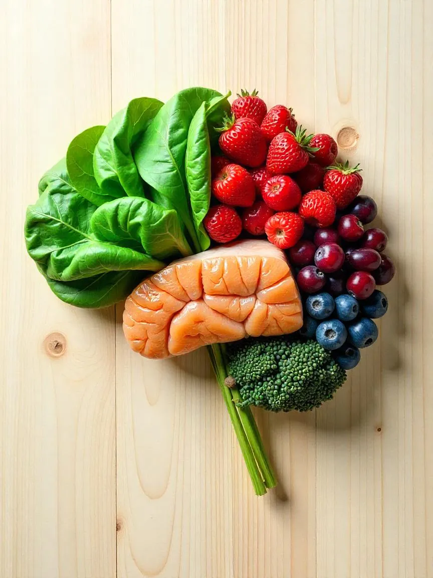 Photorealistic arrangement of MIND diet foods shaped like a brain, including greens, berries, fish, and nuts on a wooden background