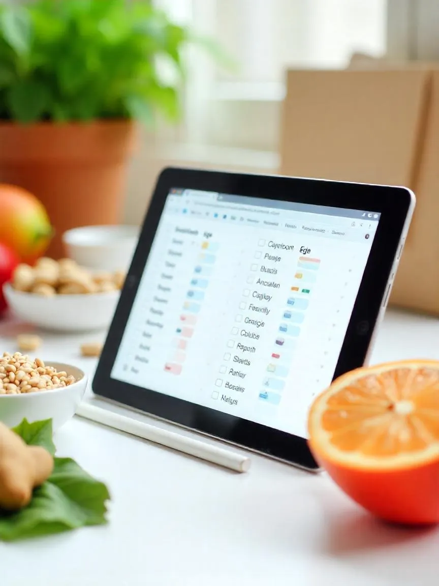 Tablet showing a diet review checklist, surrounded by fresh foods like vegetables, fruits, and grains on a light workspace table.