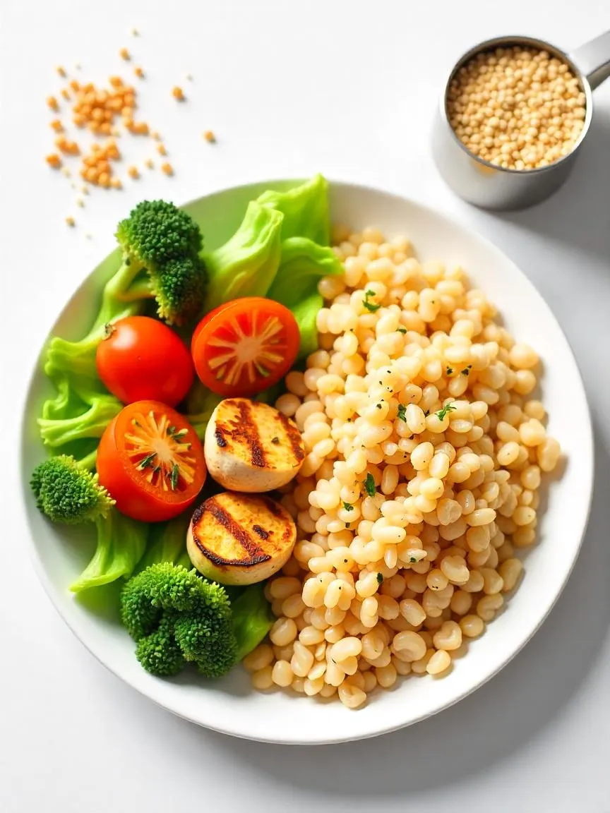 Balanced meal plate with vegetables, grilled protein, and a serving of whole grains like quinoa, with a measuring cup and whole grain label beside it.