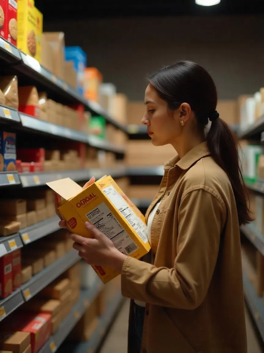 Shopper reading and comparing labels on two grain products in a grocery store aisle, deciding which is the healthier whole grain option.