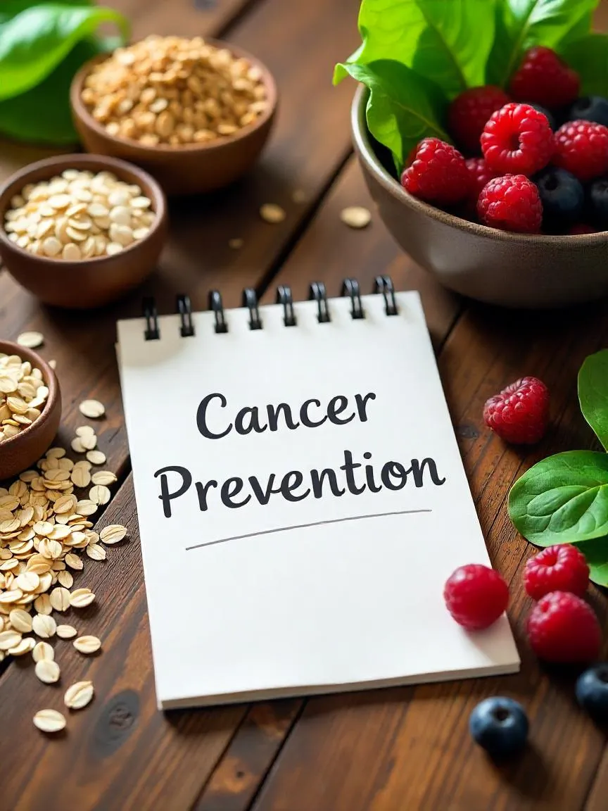 Whole grains with fresh produce on a kitchen table, highlighting their potential role in cancer prevention.