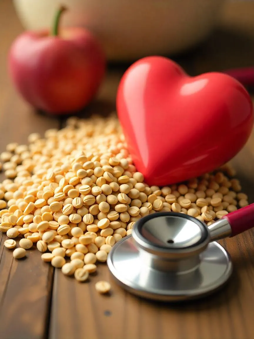 Whole grains with a red heart and stethoscope, symbolizing cardiovascular health benefits of whole grain consumption.