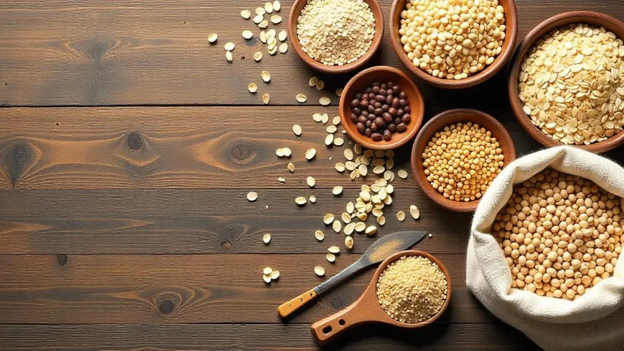 A photorealistic display of whole grains including brown rice, oats, barley, quinoa, and wheat berries arranged in bowls and sacks on a wooden table.