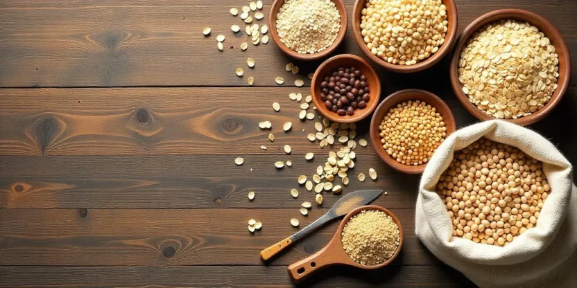 A photorealistic display of whole grains including brown rice, oats, barley, quinoa, and wheat berries arranged in bowls and sacks on a wooden table.