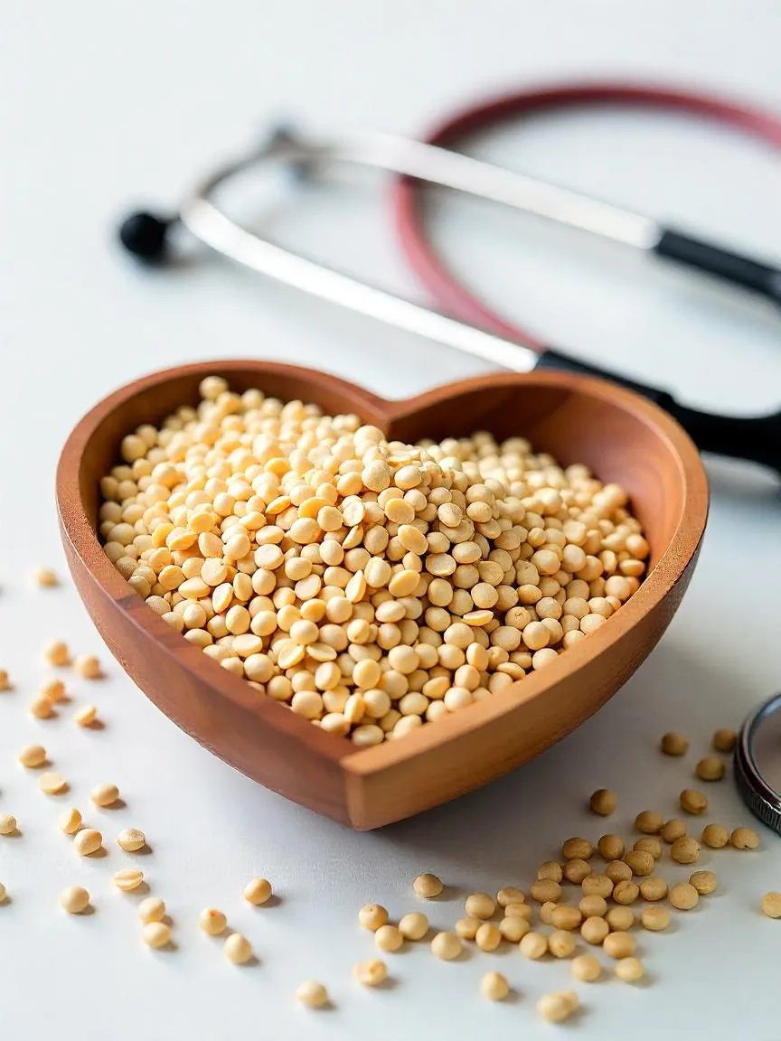 Whole grains like brown rice, oats, and barley arranged with a heart-shaped bowl and stethoscope, symbolizing heart and disease prevention benefits.