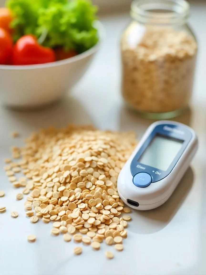 Whole grains next to a glucose meter and vegetables, representing their role in managing and preventing type 2 diabetes.