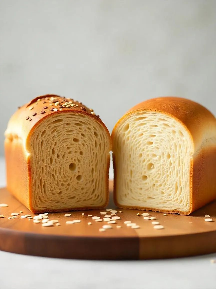 Whole grain bread and white bread side by side, showing the texture difference, with scattered grains on a wooden board.