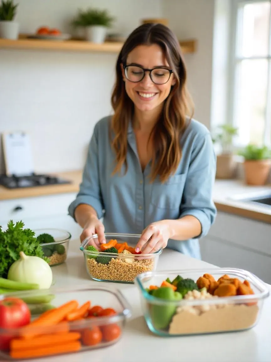 A person in a home kitchen organizing batch-cooked meals into containers, with fresh ingredients and a weekly meal planner in the background.